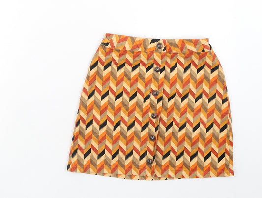 NEXT Girls Orange Geometric Cotton Straight & Pencil Skirt Size 11 Years Regular Zip