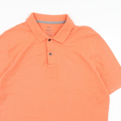 Marks and Spencer Mens Orange Cotton Polo Size M Collared Button
