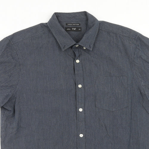 F&F Mens Blue Striped Cotton Button-Up Size M Collared Button