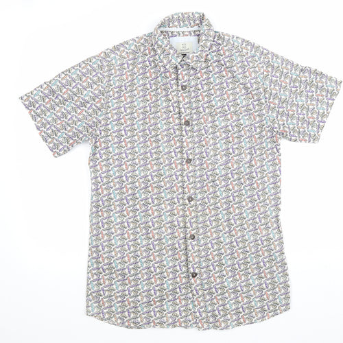 BCL London Mens White Geometric Cotton Button-Up Size S Collared Button - Car Print