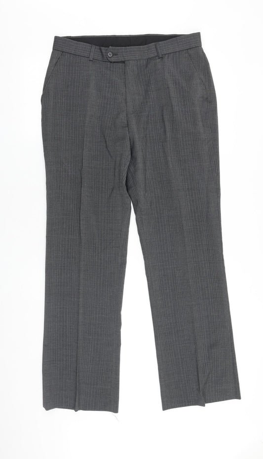 Preworn Mens Grey Striped Polyester Trousers Size 34 in L31 in Regular Zip