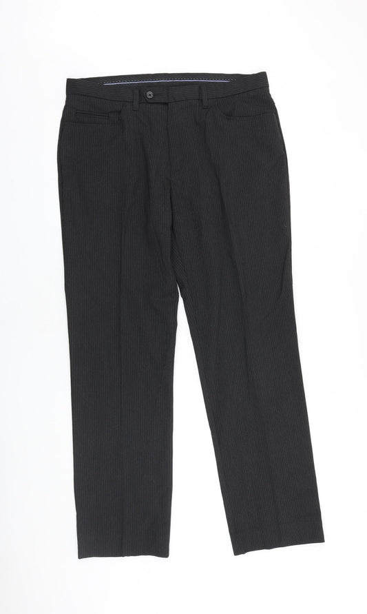 NEXT Mens Grey Striped Polyester Trousers Size 34 in L31 in Regular Zip