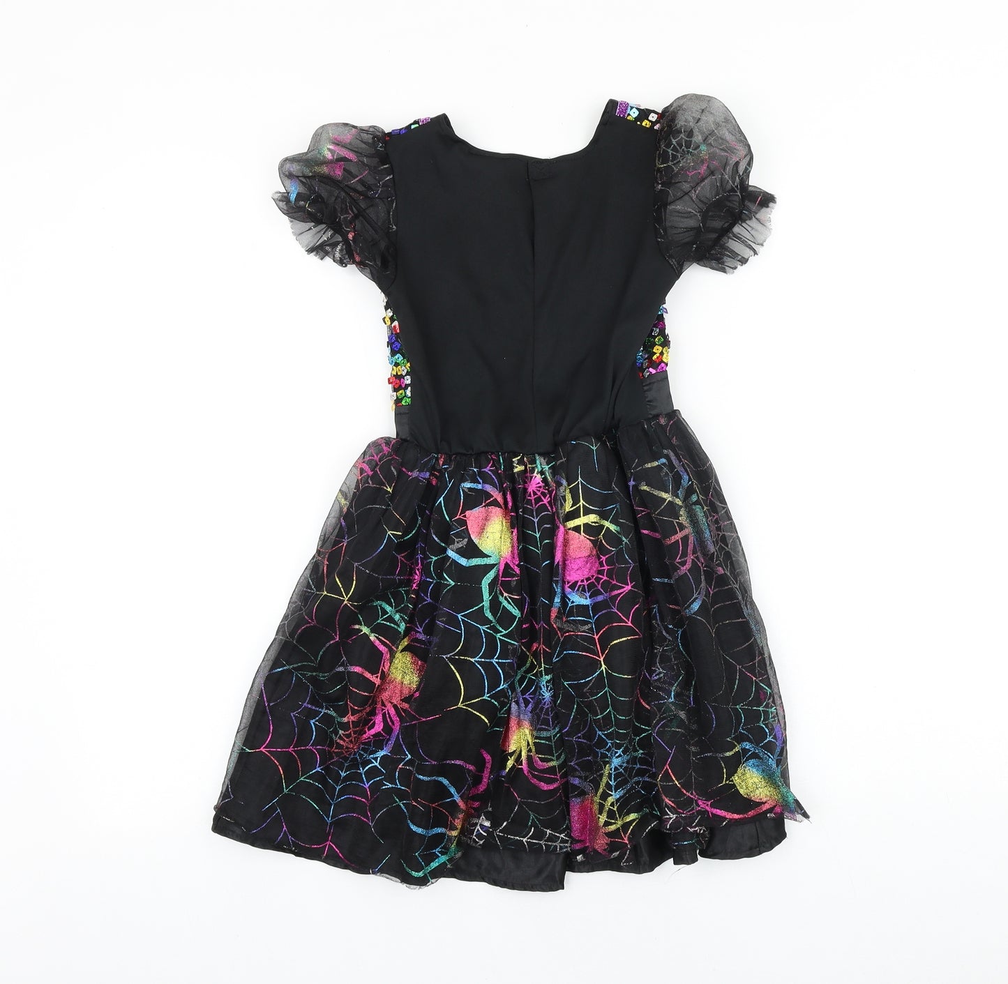 Preworn Girls Black Geometric Polyester Skater Dress Size 5 Years V-Neck Hook & Eye - Witch fancy dress