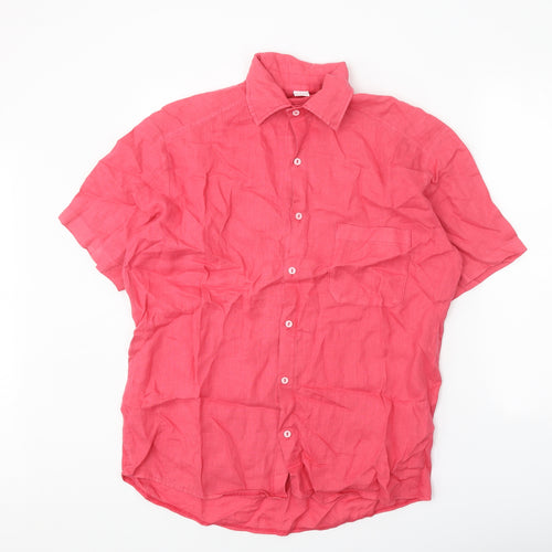 Beslika Mens Pink Linen Button-Up Size M Collared Button