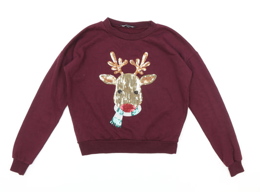 New Look Girls Red Cotton Pullover Sweatshirt Size 9 Years Pullover - Christmas Reindeer