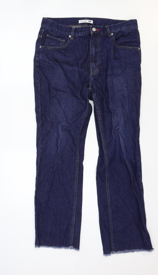 Uniqlo Mens Blue Cotton Bootcut Jeans Size 35 in Regular Zip - Distressed Hems
