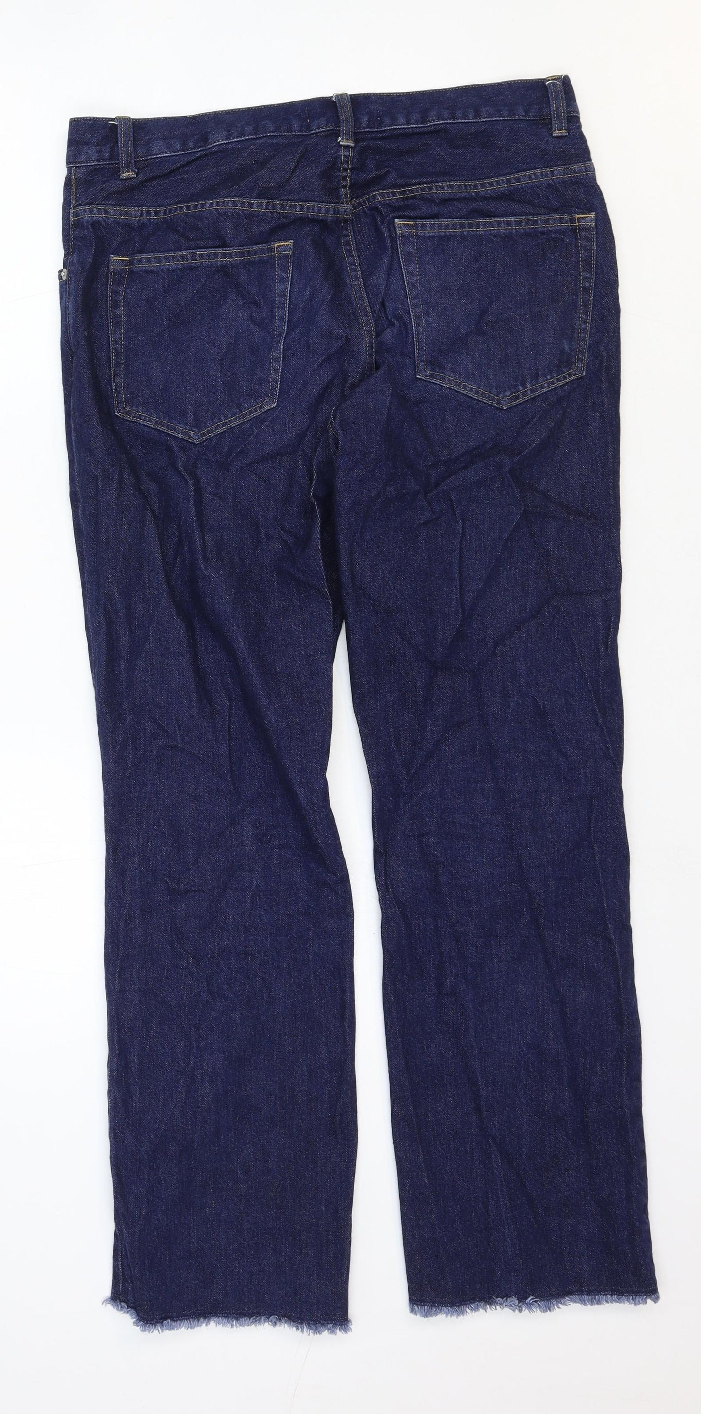 Uniqlo Mens Blue Cotton Bootcut Jeans Size 35 in Regular Zip - Distressed Hems