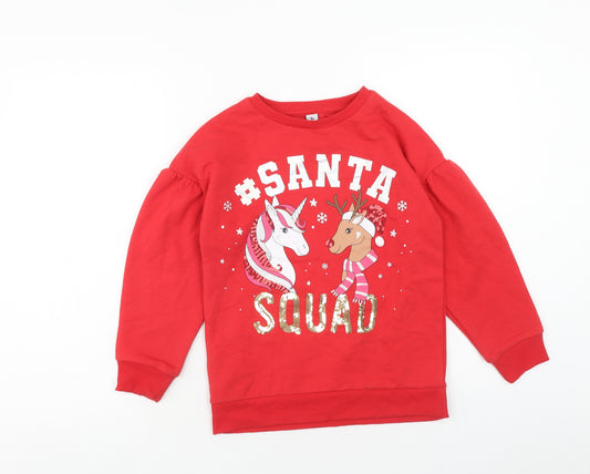 TU Girls Red Cotton Pullover Sweatshirt Size 10 Years Pullover - Santa Squad, Unicorn