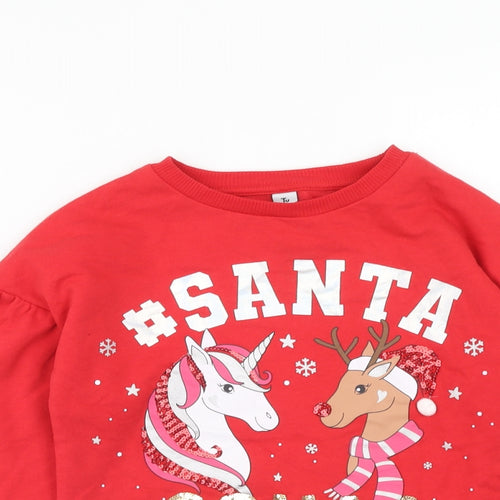 TU Girls Red Cotton Pullover Sweatshirt Size 10 Years Pullover - Santa Squad, Unicorn