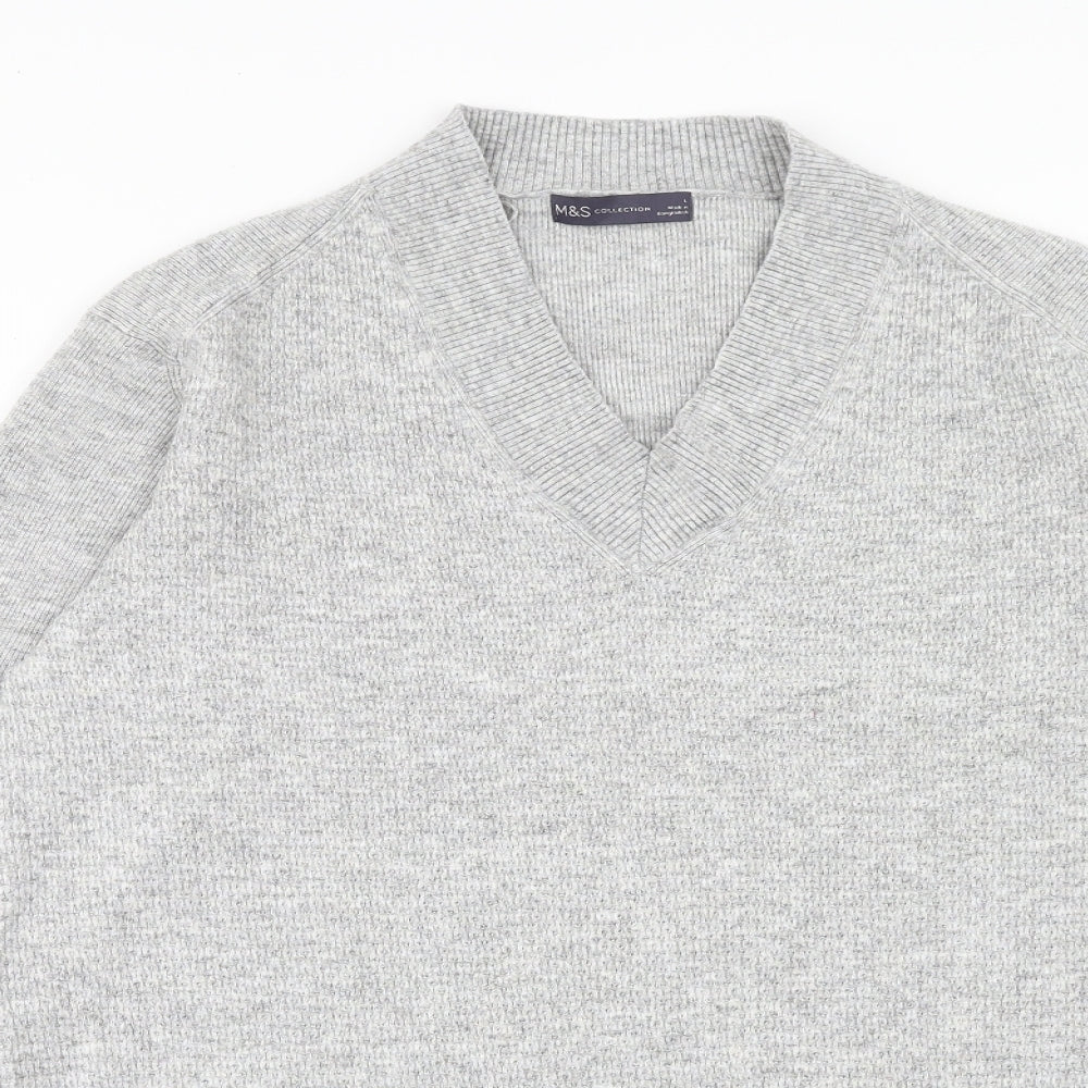 Marks and Spencer Mens Grey V-Neck Viscose Pullover Jumper Size L Long Sleeve