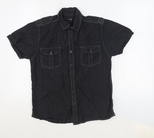 George Mens Black Cotton Button-Up Size S Collared Button - Contrast Stitching