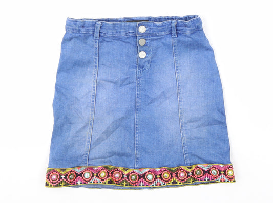 River Island Girls Blue Geometric Cotton Straight & Pencil Skirt Size 12 Years Regular Snap