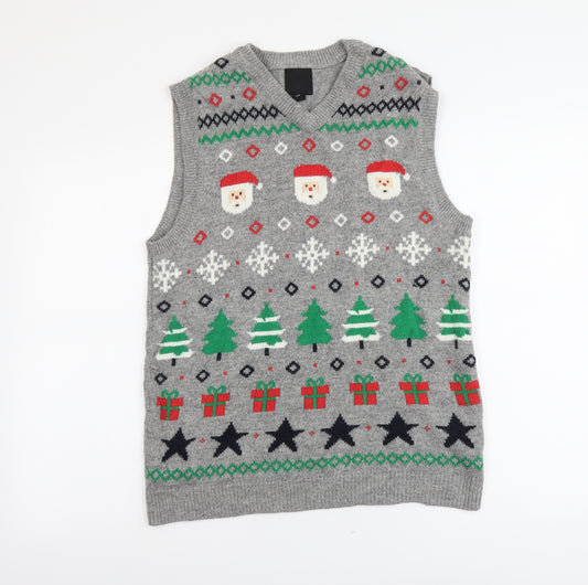 H&M Mens Grey V-Neck Geometric Acrylic Vest Jumper Size S Sleeveless - Christmas