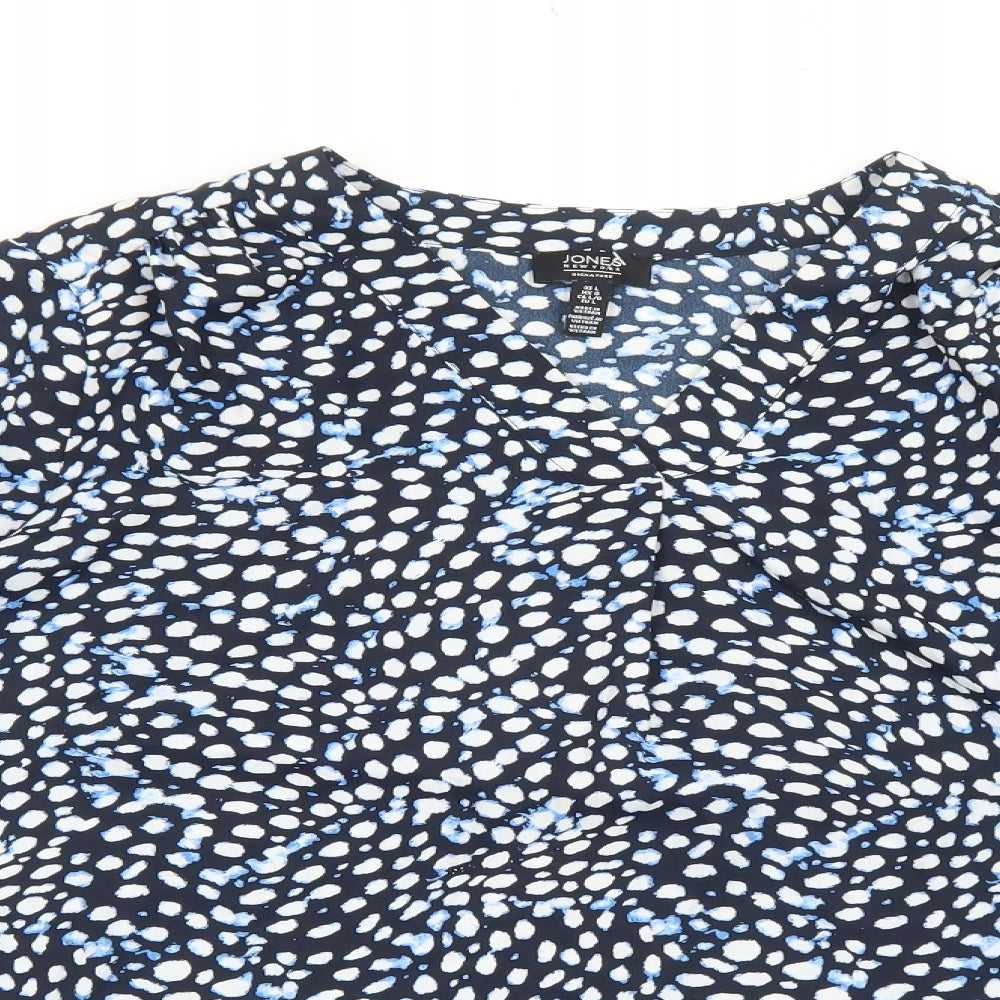 Jones New York Womens Blue Geometric Polyester Basic Blouse Size L V-Neck