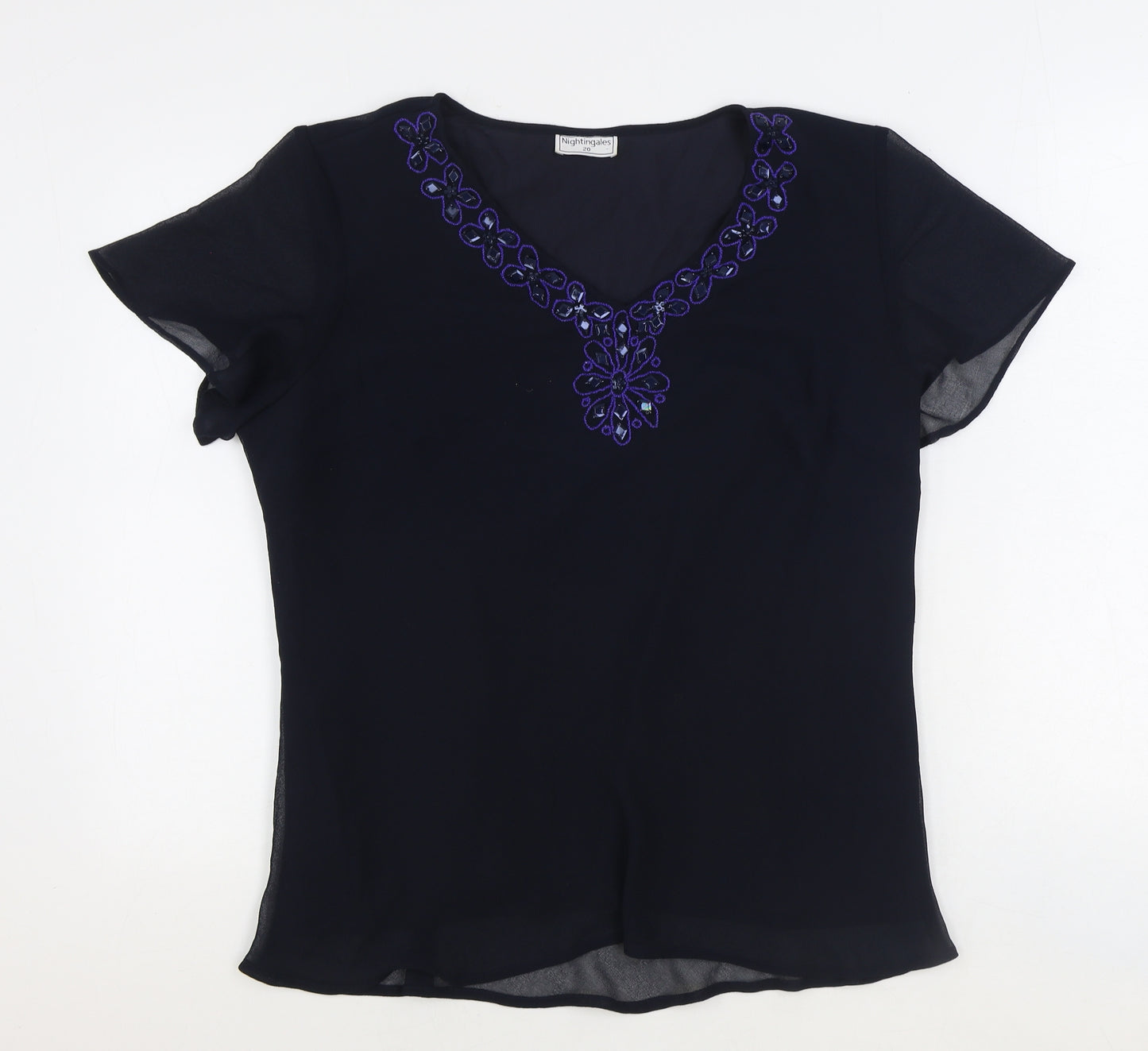 Nightingales Womens Blue Polyester Basic Blouse Size 20 V-Neck - Embellished Neckline