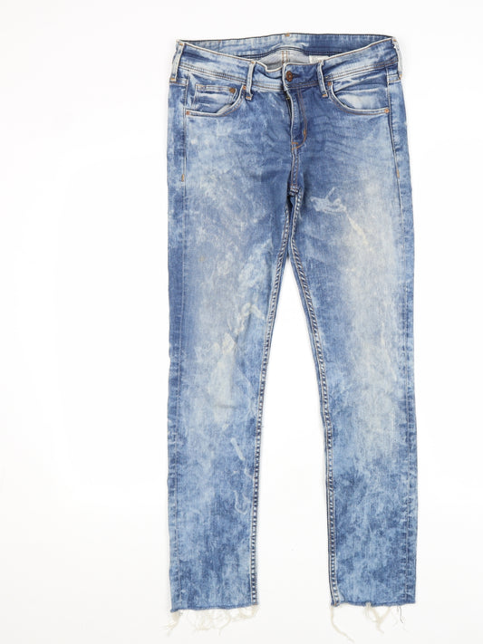 H&M Mens Blue Cotton Skinny Jeans Size 30 in L32 in Regular Zip - Acid Wash, Distressed Hems