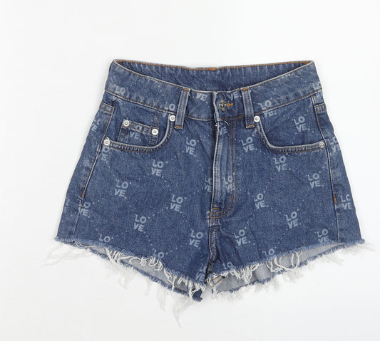 H&M Womens Blue Geometric Cotton Boyfriend Shorts Size 6 Regular Zip