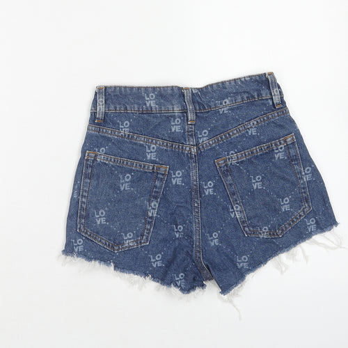 H&M Womens Blue Geometric Cotton Boyfriend Shorts Size 6 Regular Zip