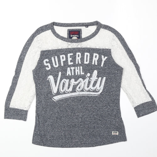 Superdry Womens Grey Polyester Ringer Blouse Size XS Scoop Neck - Crochet Details
