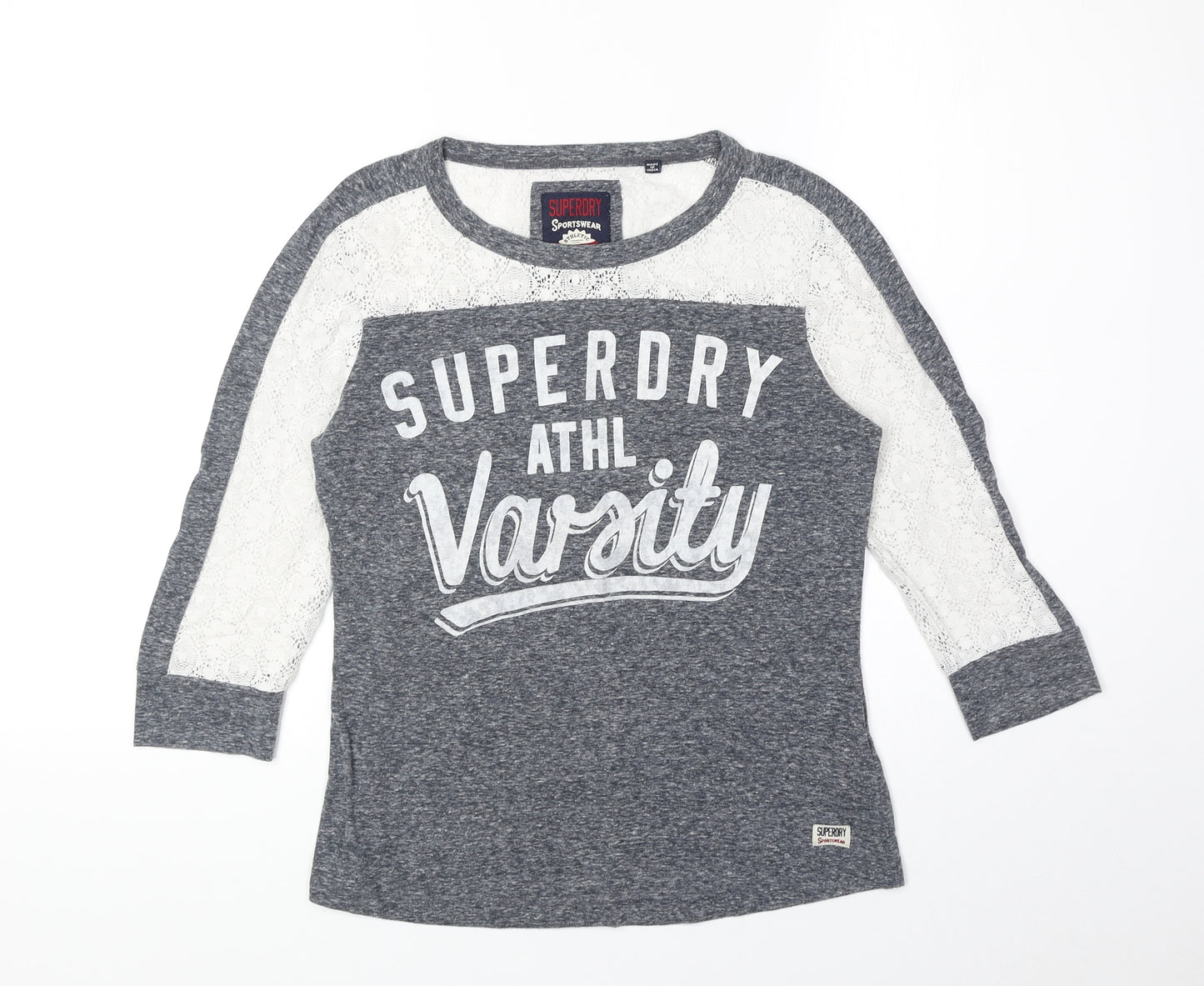 Superdry Womens Grey Polyester Ringer Blouse Size XS Scoop Neck - Crochet Details
