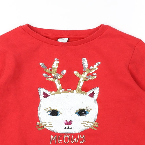 TU Girls Red Cotton Pullover Sweatshirt Size 8 Years Pullover - Christmas Cat