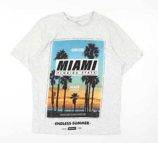 Primark Mens Grey Cotton T-Shirt Size M Round Neck - Miami