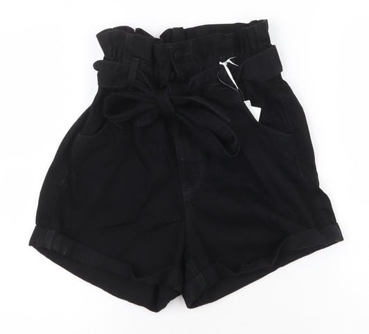 Michelle Keegan Womens Black Cotton Paperbag Shorts Size 8 Regular Button