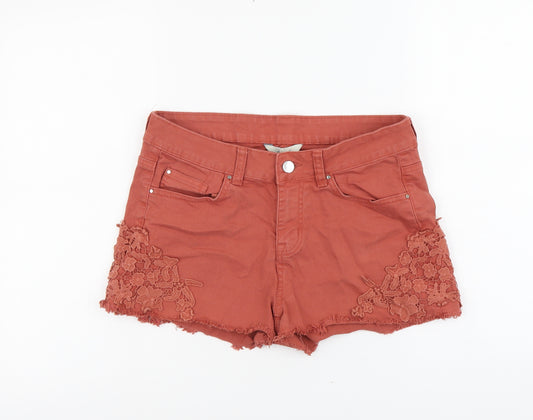 Peacocks Womens Brown Cotton Cut-Off Shorts Size 10 L3 in Regular Button - Lace Detail