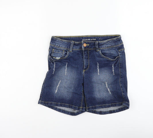 Jacqueline De Yong Womens Blue Cotton Hot Pants Shorts Size 28 in L6 in Regular Button - Distressed