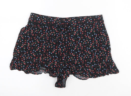 Topshop Womens Black Floral Cotton Basic Shorts Size 10 Regular Drawstring