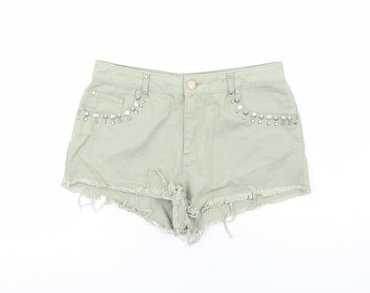 Missguided Womens Green Cotton Cut-Off Shorts Size 14 Regular Zip