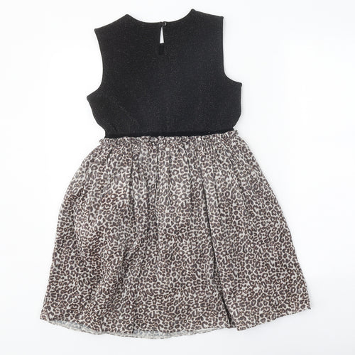 George Girls Black Animal Print Polyester Skater Dress Size 9-10 Years Round Neck Button - Leopard print