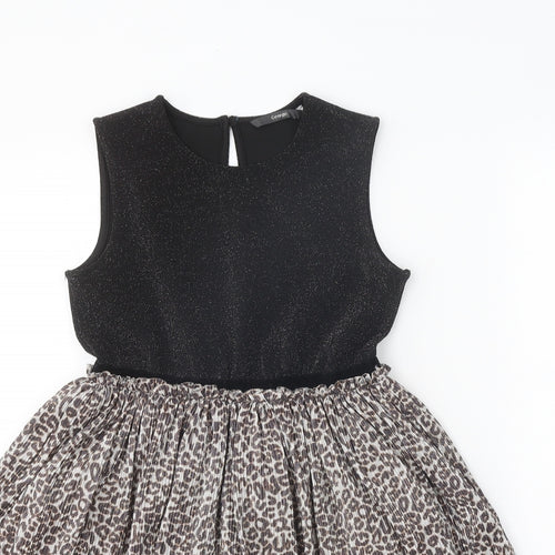 George Girls Black Animal Print Polyester Skater Dress Size 9-10 Years Round Neck Button - Leopard print