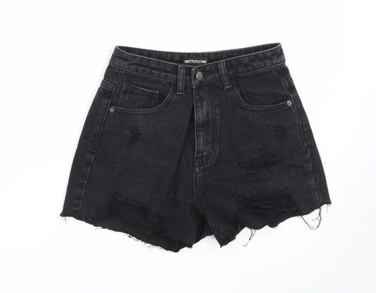 PRETTYLITTLETHING Womens Black Cotton Cut-Off Shorts Size 6 Regular Zip
