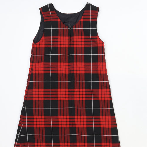 Monk House Girls Red Plaid Cotton A-Line Size 8 Years Round Neck Zip