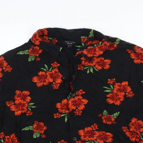 New Look Mens Black Floral Cotton Button-Up Size L Collared Button