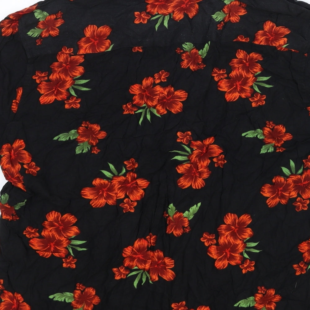 New Look Mens Black Floral Cotton Button-Up Size L Collared Button