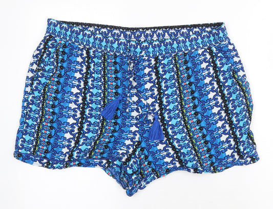 Papaya Womens Blue Geometric Polyester Basic Shorts Size 18 Regular Drawstring