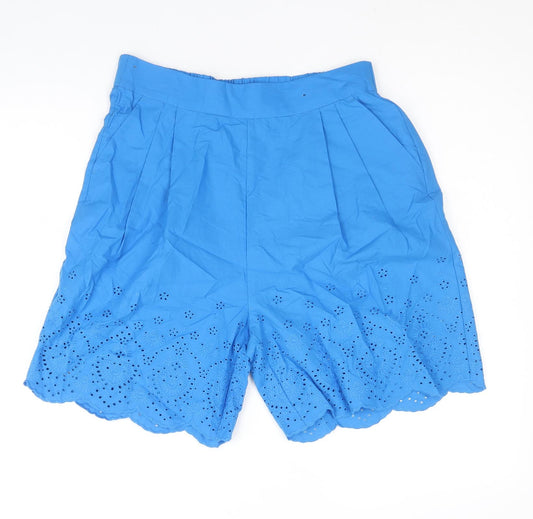 Marks and Spencer Womens Blue 100% Cotton Sailor Shorts Size 10 Regular Pull On - Broderie Anglaise