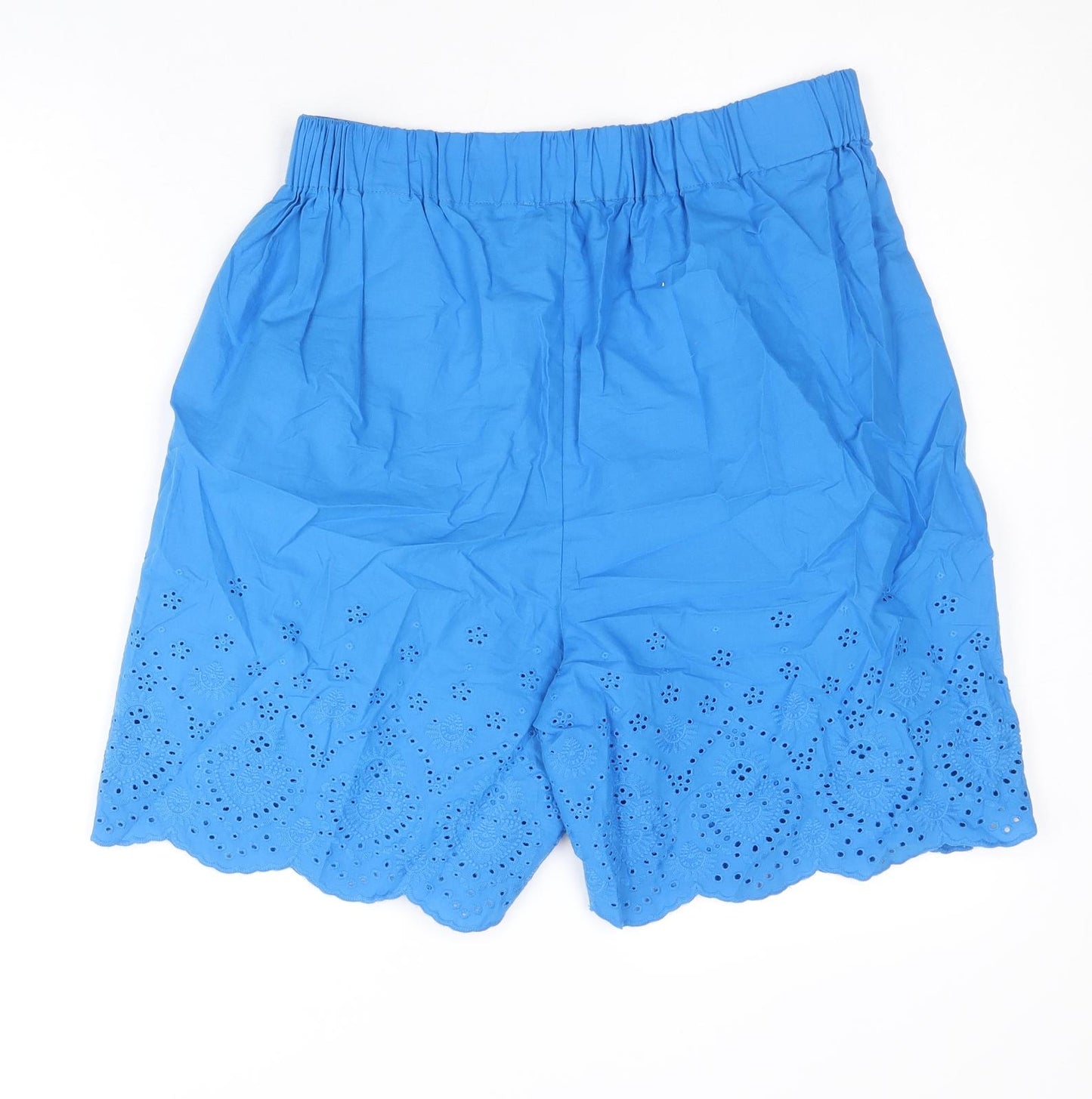 Marks and Spencer Womens Blue 100% Cotton Sailor Shorts Size 10 Regular Pull On - Broderie Anglaise