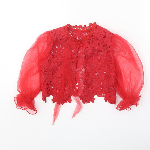 Preworn Girls Red Round Neck Cotton Cardigan Jumper Size 3 Years Tie - Mesh Sleeve