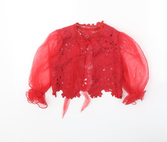 Preworn Girls Red Round Neck Cotton Cardigan Jumper Size 3 Years Tie - Mesh Sleeve