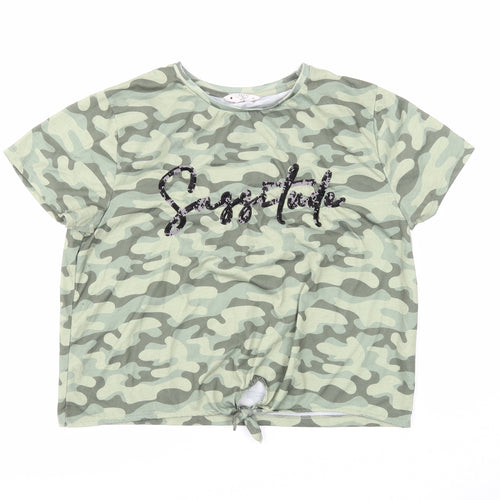 Candy Couture Womens Green Camouflage Polyester Basic T-Shirt Size 16 Round Neck - Tie Front