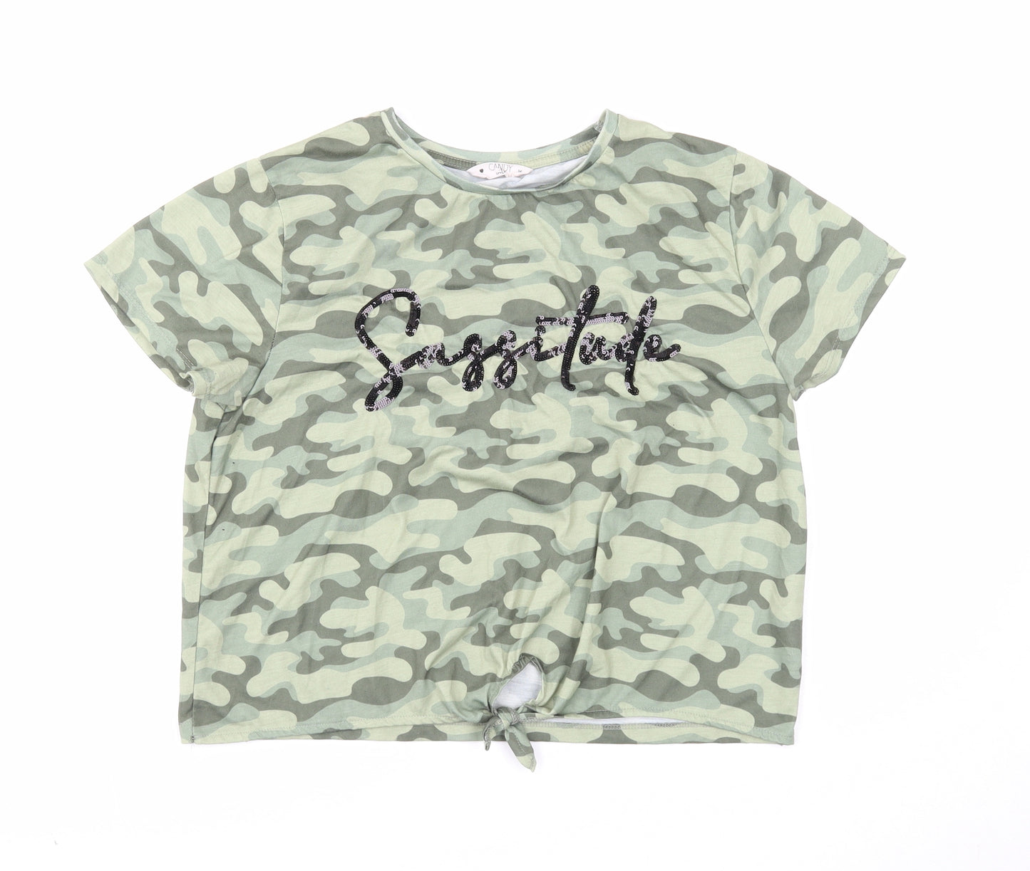 Candy Couture Womens Green Camouflage Polyester Basic T-Shirt Size 16 Round Neck - Tie Front