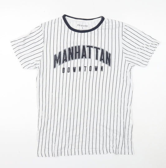 Primark Mens White Striped Cotton T-Shirt Size S Round Neck - Manhattan