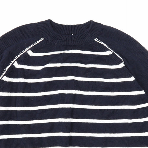 Marks and Spencer Mens Blue Round Neck Striped Cotton Pullover Jumper Size S Long Sleeve