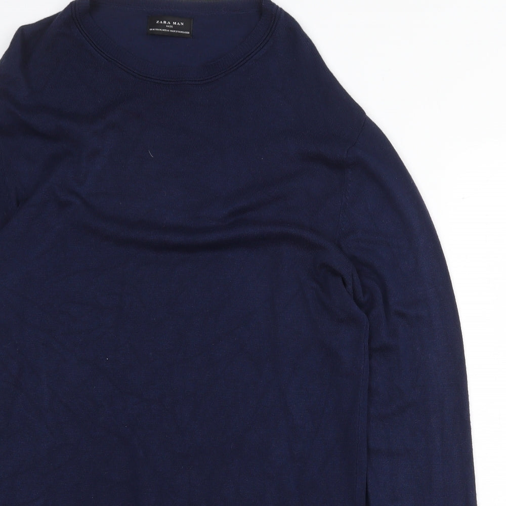 Zara Mens Blue Round Neck Viscose Pullover Jumper Size M Long Sleeve
