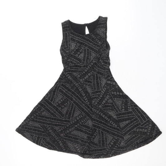 Primark Girls Black Geometric Nylon A-Line Size 7-8 Years Scoop Neck Button