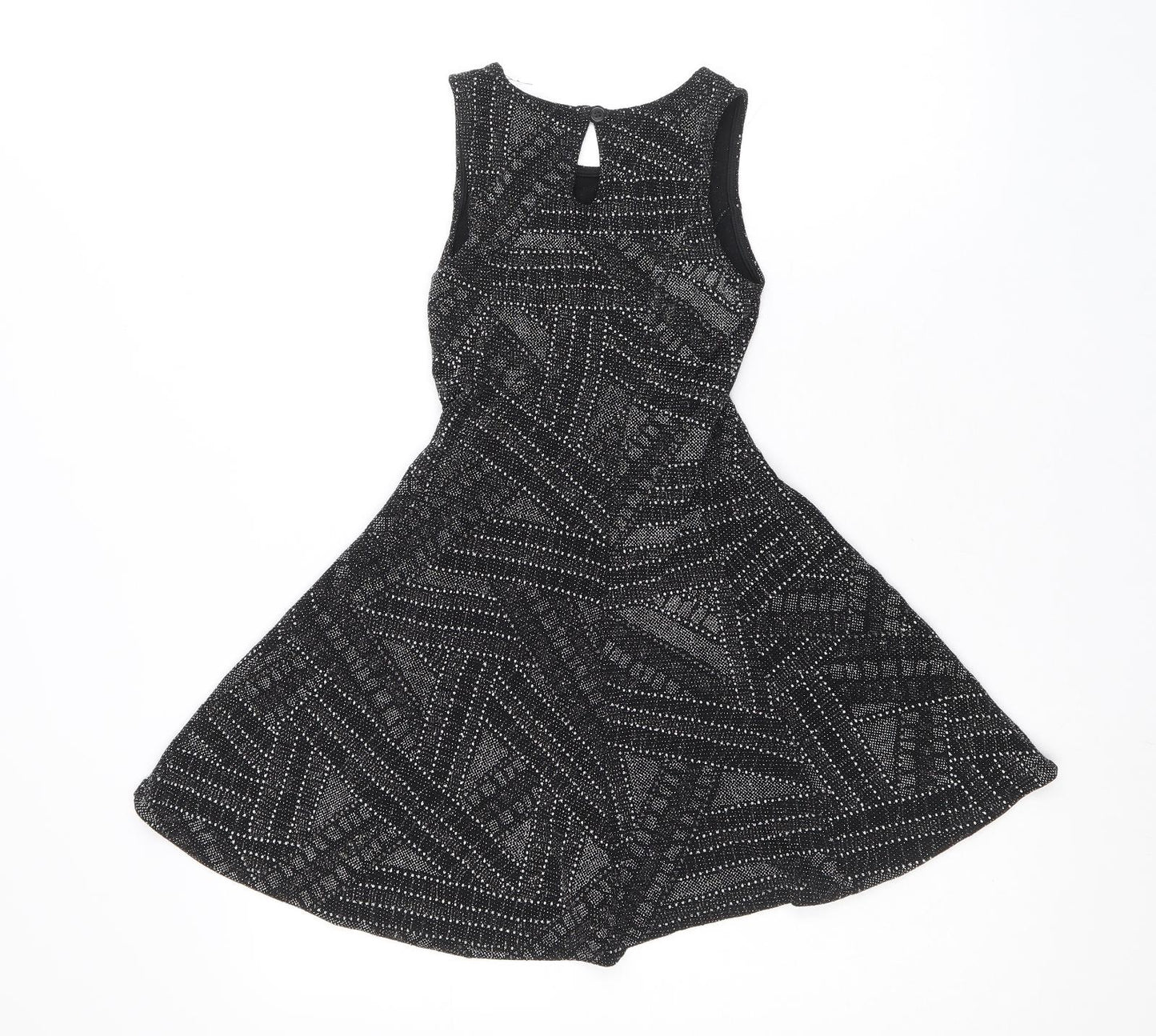 Primark Girls Black Geometric Nylon A-Line Size 7-8 Years Scoop Neck Button