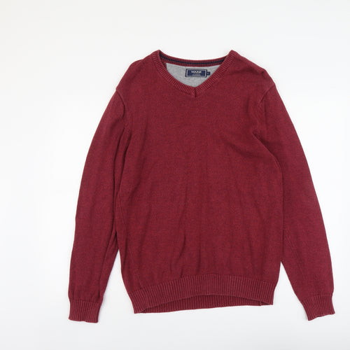 Maine Mens Red V-Neck Cotton Pullover Jumper Size S Long Sleeve